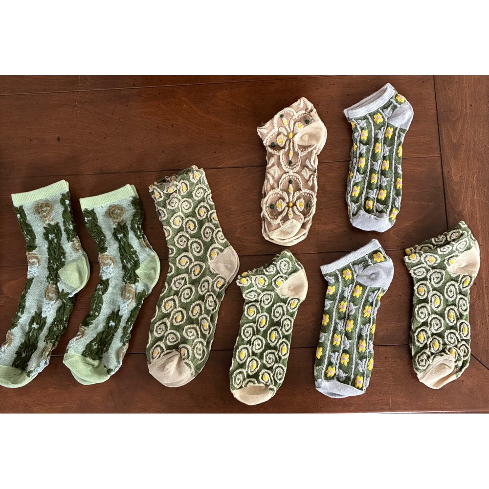 Womens Textured Floral Knit Socks‎ Bundle Green Tan Boho Cottagecore 8pc Lot